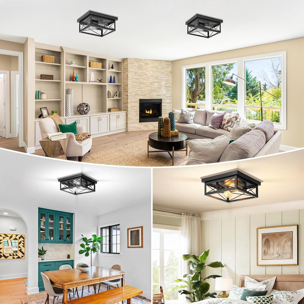 2-Light Industrial Square Flush Mount Ceiling Light, Farmhouse Ceiling Light Fixture for Kitchen