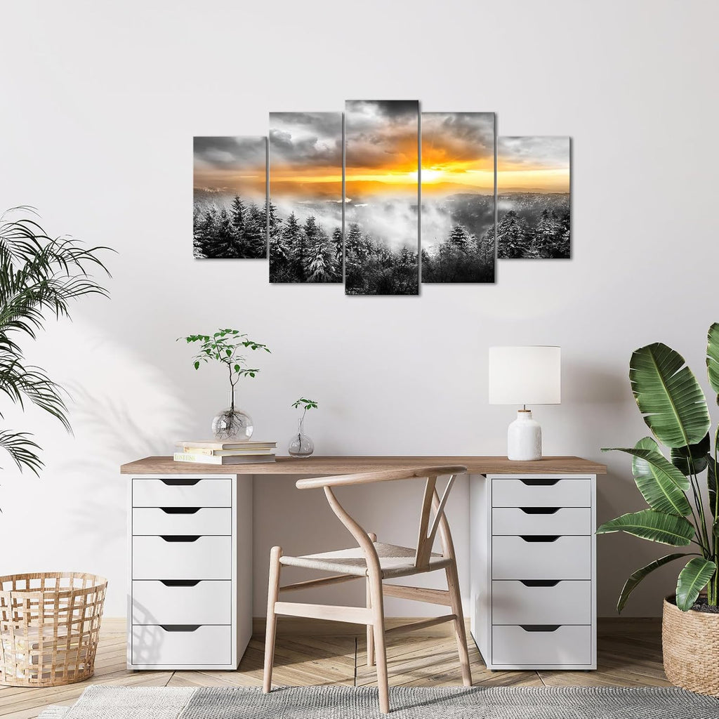 5 Panels Fog Mountain Canvas Wall Art Sunrise Misty Forest Print Picture Paintings Black and White Nature Artwork