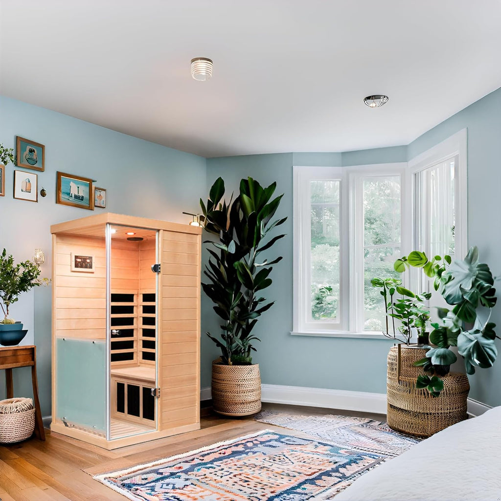 Small Sauna Far Infrared Saunas for Home 1 Person, 1060W, 6 Heating Panels, Hemlock Wooden Indoor Sauna Room with Tempered Glass, Left Door Opening, Blue-Tooth, LCD-Display Control