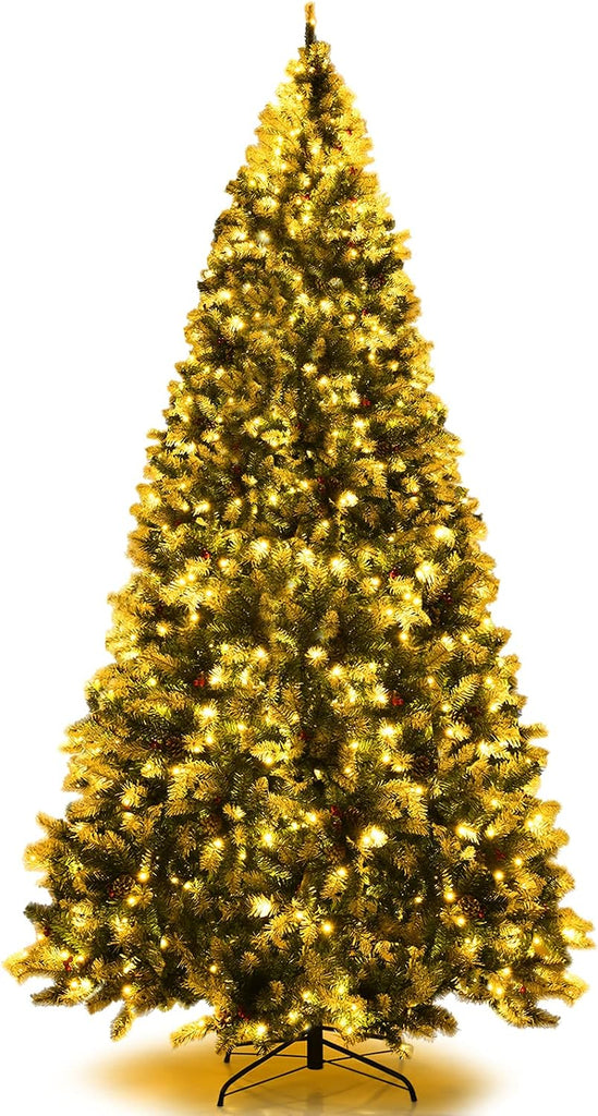 Pre-lit Artificial Christmas Tree, 6 to 9 ft, Hinged Snow Flocked Xmas Tree w/Pine Cones & Red Berries