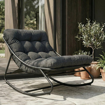 Rocking Chair with Cushion for Indoor and Outdoor, Dark Grey | Metal Patio Lounge Rocking Chair with Thick Cushion