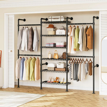 H3 Expandable Wall Mounted Closet System, 5.4FT-8.1FT Closet Organizer with 4 Telescopic Rods & 6 Wire Shelves