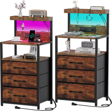Nightstands Set of 2 with Outlet and USB C Port, Bedroom Night Stand with Led Lights and 3 Fabric Drawers, Matching