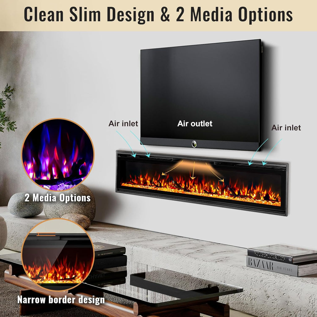 Electric Fireplace Inserts, Ultra Thin Wall Mounted Fireplace with Remote Control, Multicolor Realistic Flame