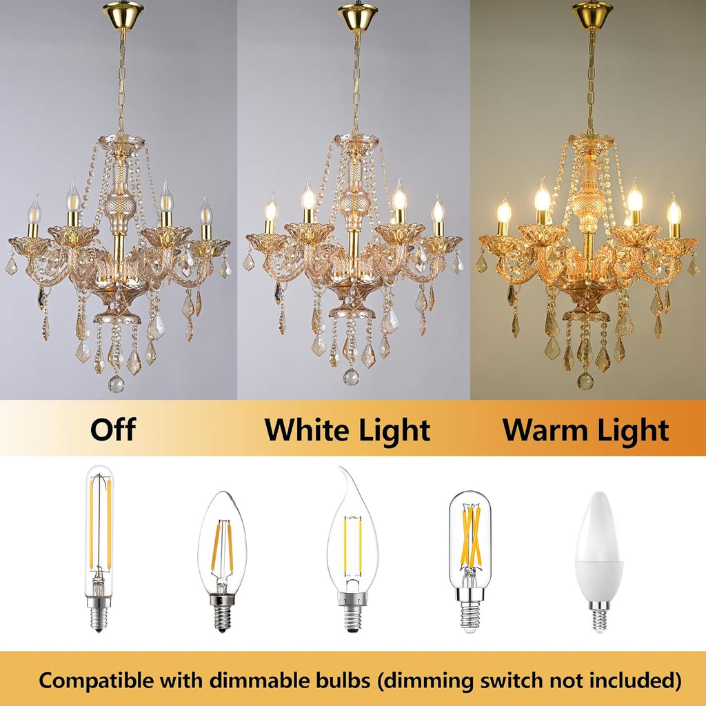Luxury Amber K9 Crystal Chandelier 6-Light Candle Style Modern Pendant Ceiling Fixture Compatible with E12 Bulbs for Living Room Dining Room Bedroom Hallway Entry (6 Lights)