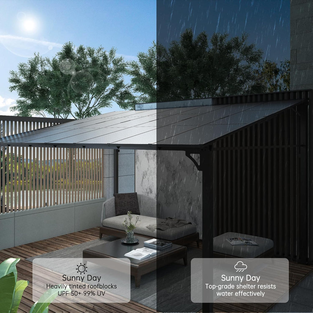 12'X14' Lean to Gazebo, Wall-Attached Hardtop Pergola with Anti-UV Polycarbonate Roof