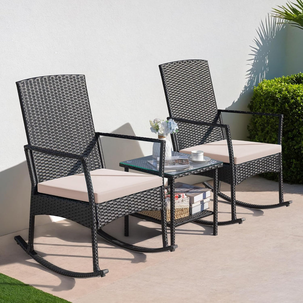 3 Pieces Patio Furniture Set Outdoor Wicker Rocking Chairs,Beige | With Glass Coffee Table for Garden Backyard Porch