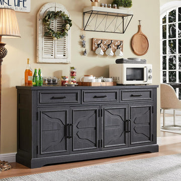 66" Farmhouse Buffet Cabinet with Storage, Sideboard Credenza, Carved Cloud-Inspired Doors, 3 Drawers & Adjustable