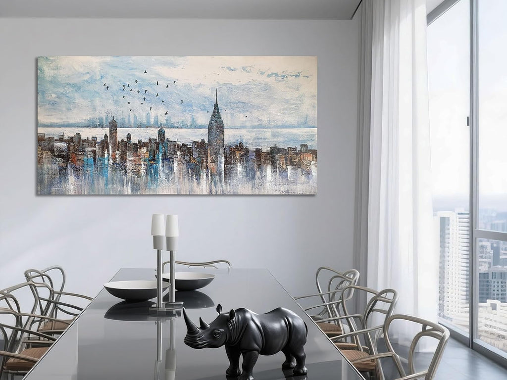 Cityscape Wall Art New York City Skyline Canvas Picture Living Room, Modern Abstract Grey NYC Painting Framed Artwork