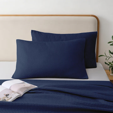 100% Cotton Waffle Pillow Shams Standard Size Set of 2, Navy Blue, 20"x26"