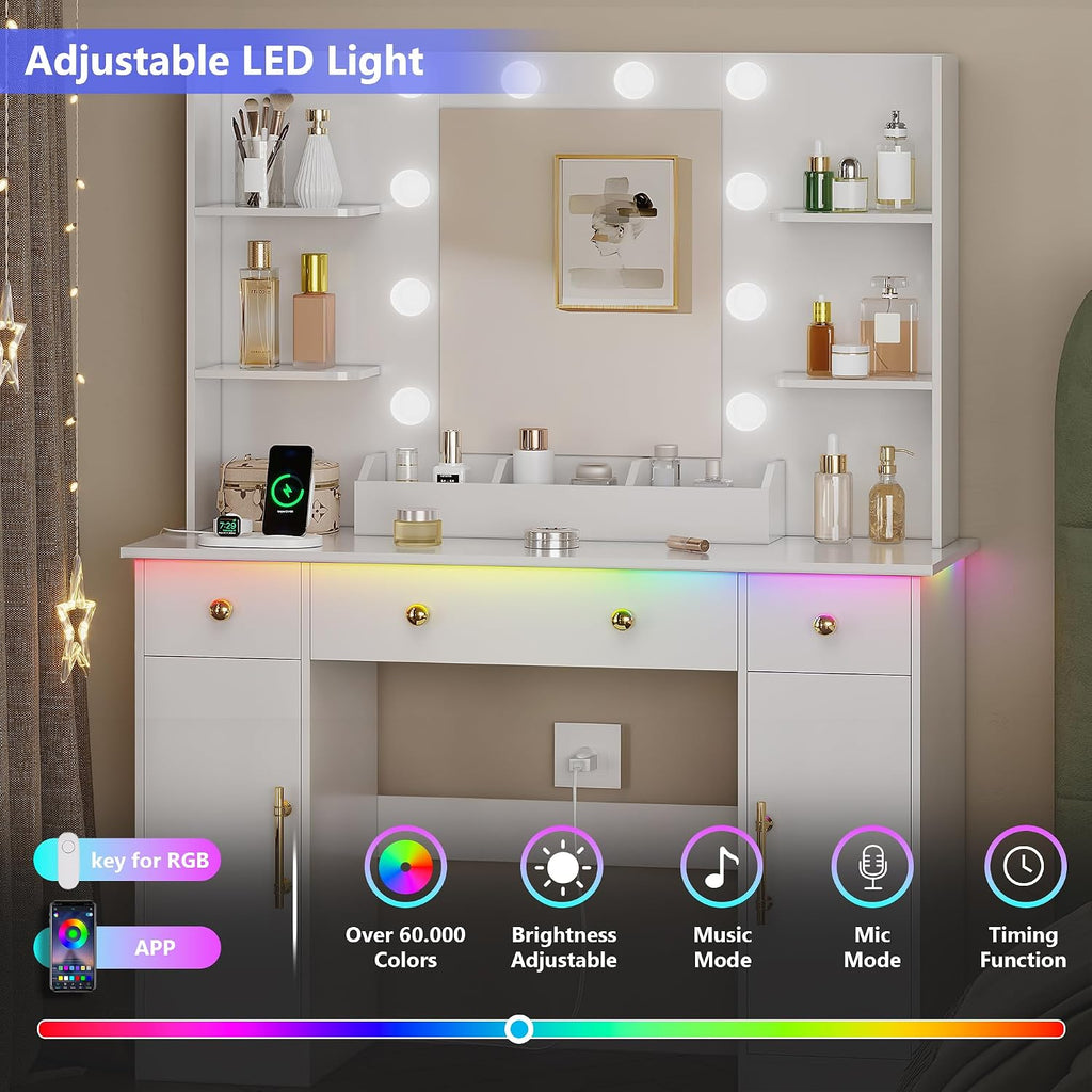 Vanity Desk with Mirror and Lights, Makeup Vanity with Mirror and LED Lights & Power Outlet, 3 Drawers and Cabinets