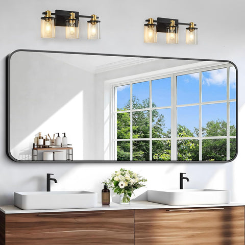 Black Bathroom Mirror, 66x30 inch Aluminum Metal Frame Rectangular Vanity Mirror, Large Wall Mounted Rectangle Mirrors