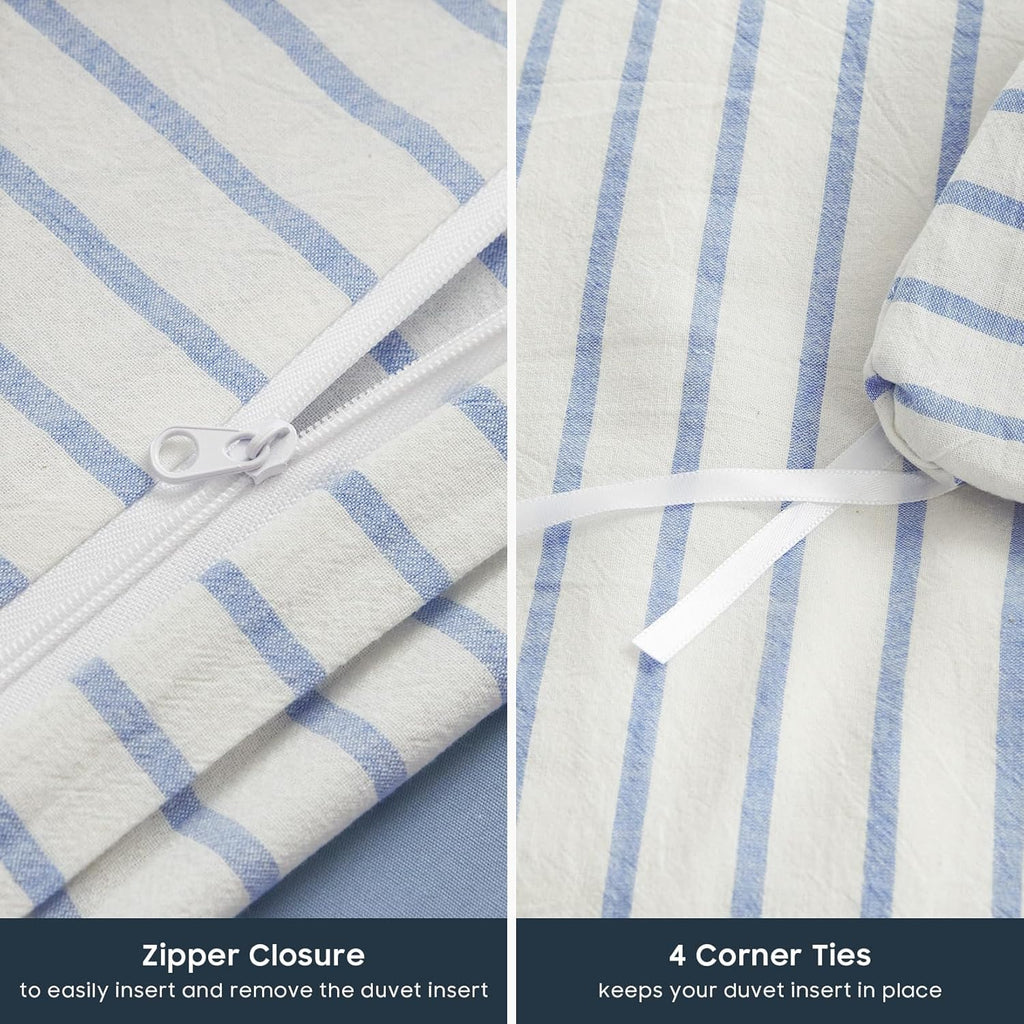 Striped Cotton Duvet Cover Set, Ticking Stripe Vertical Pinstripe Farmhouse, 100% Washed Cotton Textured Bedding Set