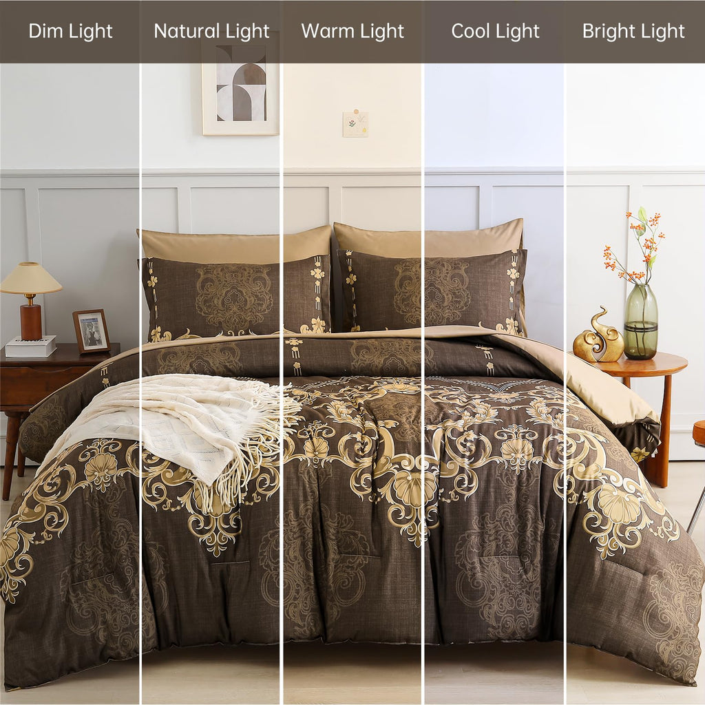 Coffee Comforter Set, 7 Pieces Damask Bed in a Bag