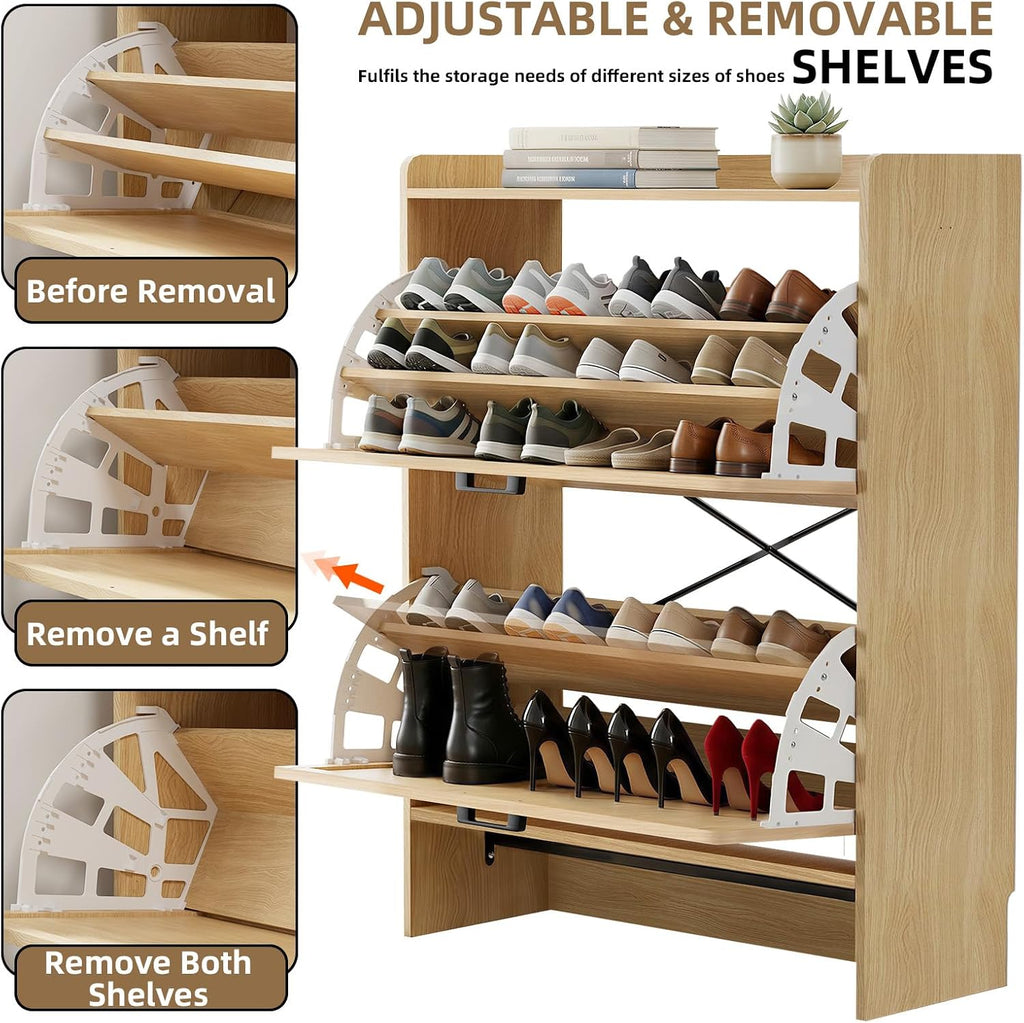 Shoe Storage Cabinet , 2 Flip Drawers with 3-Tier Rack Each, 6-Layer Total Storage, Narrow Shoe Cabinet with Linen