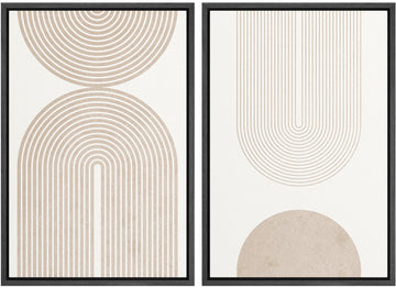 Framed Canvas Print Wall Art Set Beige & White Duotone Geometric Spiral Polygons Abstract Shapes Illustrations Modern