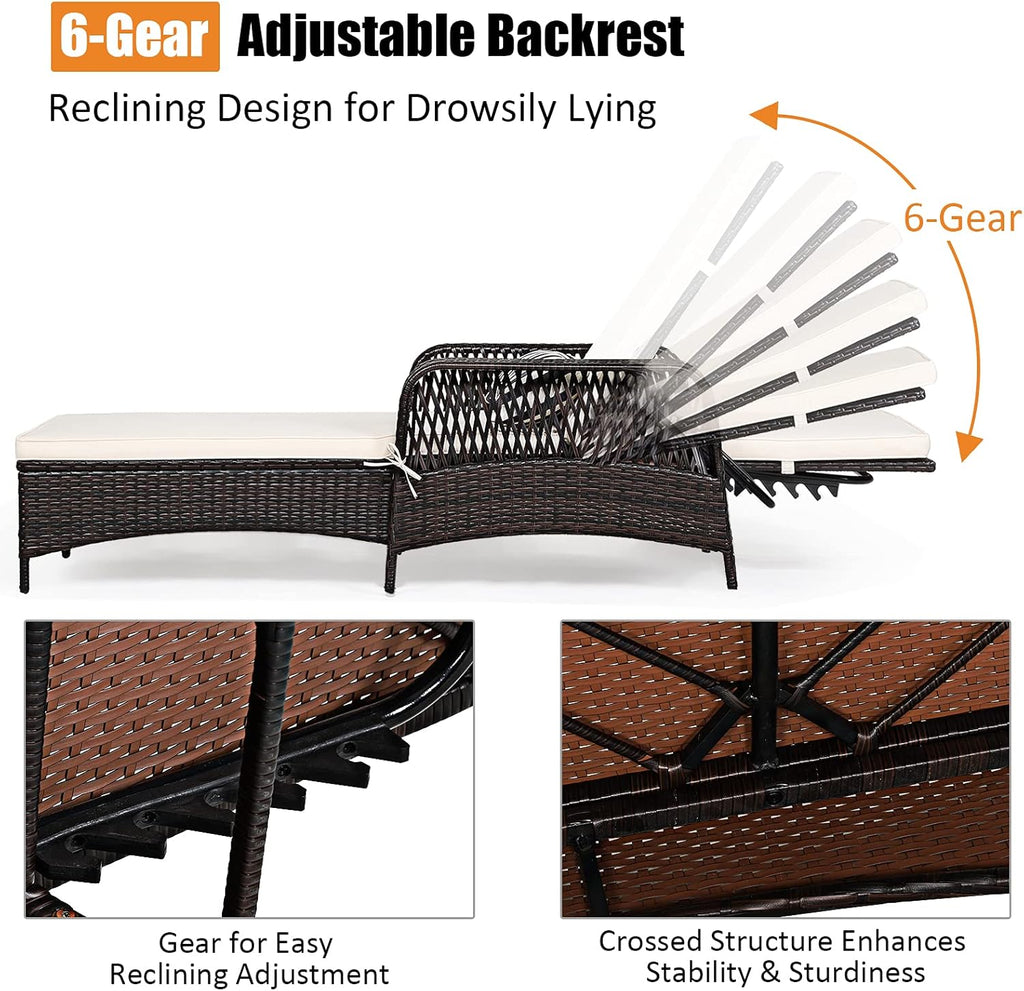 PE Rattan Chaise Lounge Chair, 6 Gear Adjustable Recliner with Armrest & Pillow, Wicker Outdoor Furniture for Deck