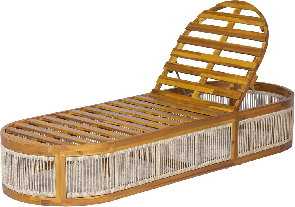 Chaise Lounge Chair Outdoor with Rope Accent, Slatted Design Acacia Wood Poolside Sun Lounger, 3-Position
