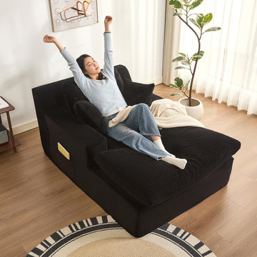 63" Chaise Lounge Chair Indoor, Set of Convertible Sleeper Sofa Couch with Throw Pillows & Side Pockets, Corduroy