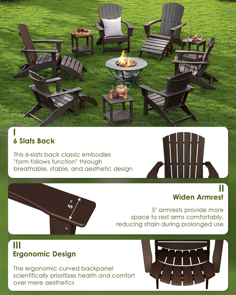 Oversized Adirondack Chairs Set of 4, HDPE, Dark Brown | Wood Grain | 21.6" Extra-Wide Seat | 400 lb Capacity |