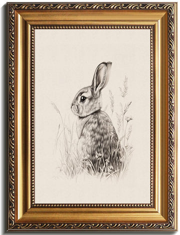 Vintage Gold Framed Wall Art, Farmhouse Decor Easter Bunny Sketch Canvas Art Prints Painting, Antique Neutral Rabbit