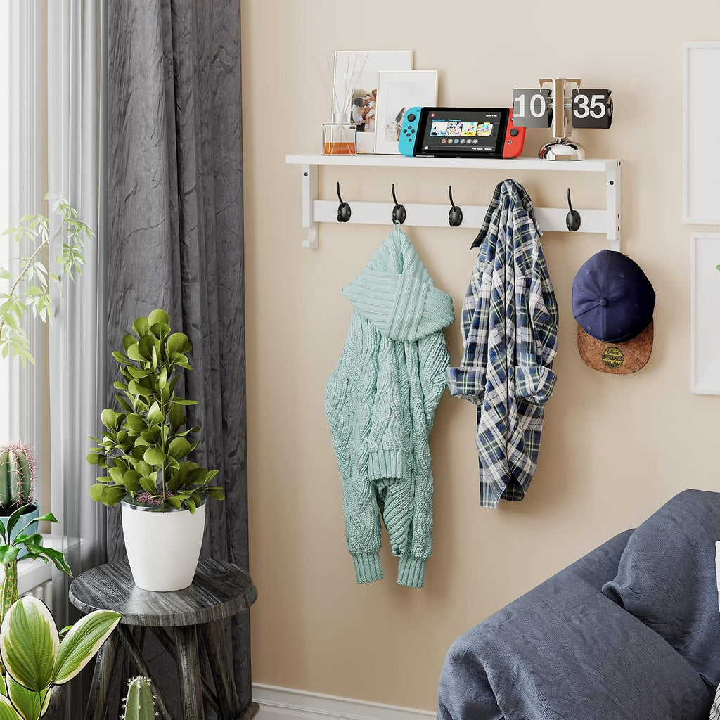 Coat Rack Wall Mount with Shelf, 28.9 Inches Coat Hooks Wall Mounted with 5 Hooks, Hat Wall Hooks for Hanging (White