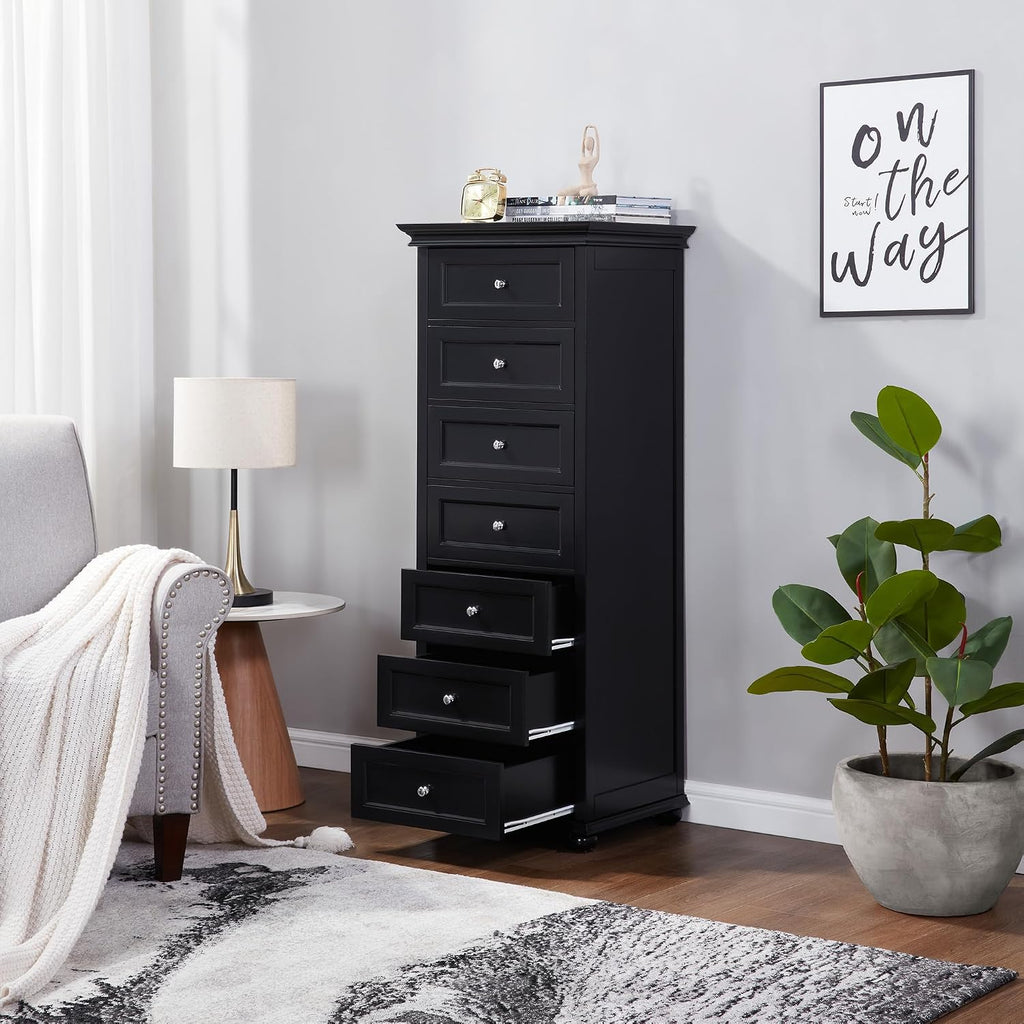Tall Black Dresser with 7 Drawers, 52" Tall Skinny Dresser | Modern Black Tall Chest of Drawers Dresser,Wooden