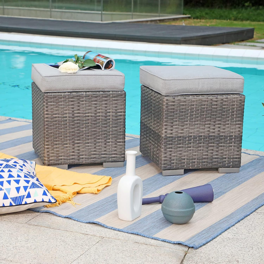 2 Pieces Assembled Outdoor Patio Ottoman, Grey Wicker, Light Grey | Indoor Outdoor All-Weather Rattan Footstool