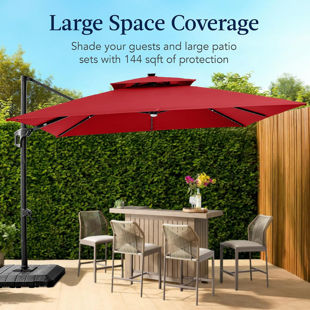 12x12ft LED Cantilever Patio Umbrella w/Base Included & 360° Rotation - Red