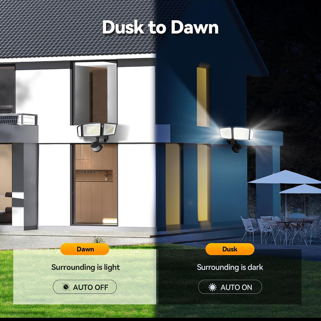7500LM Motion Sensor Outdoor Lights, 150-LED 3-Head Security Light with Remote Control, 300°Wide Angle Flood Wall