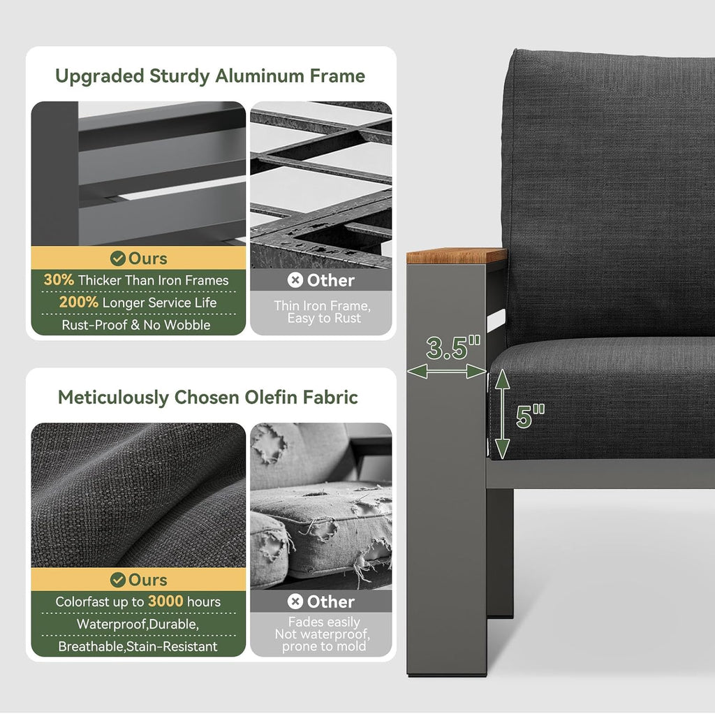 Patio Furniture Set, Aluminum Outdoor Furniture with Oversized Seats | All Weather Outdoor Sectional with Washable 5"