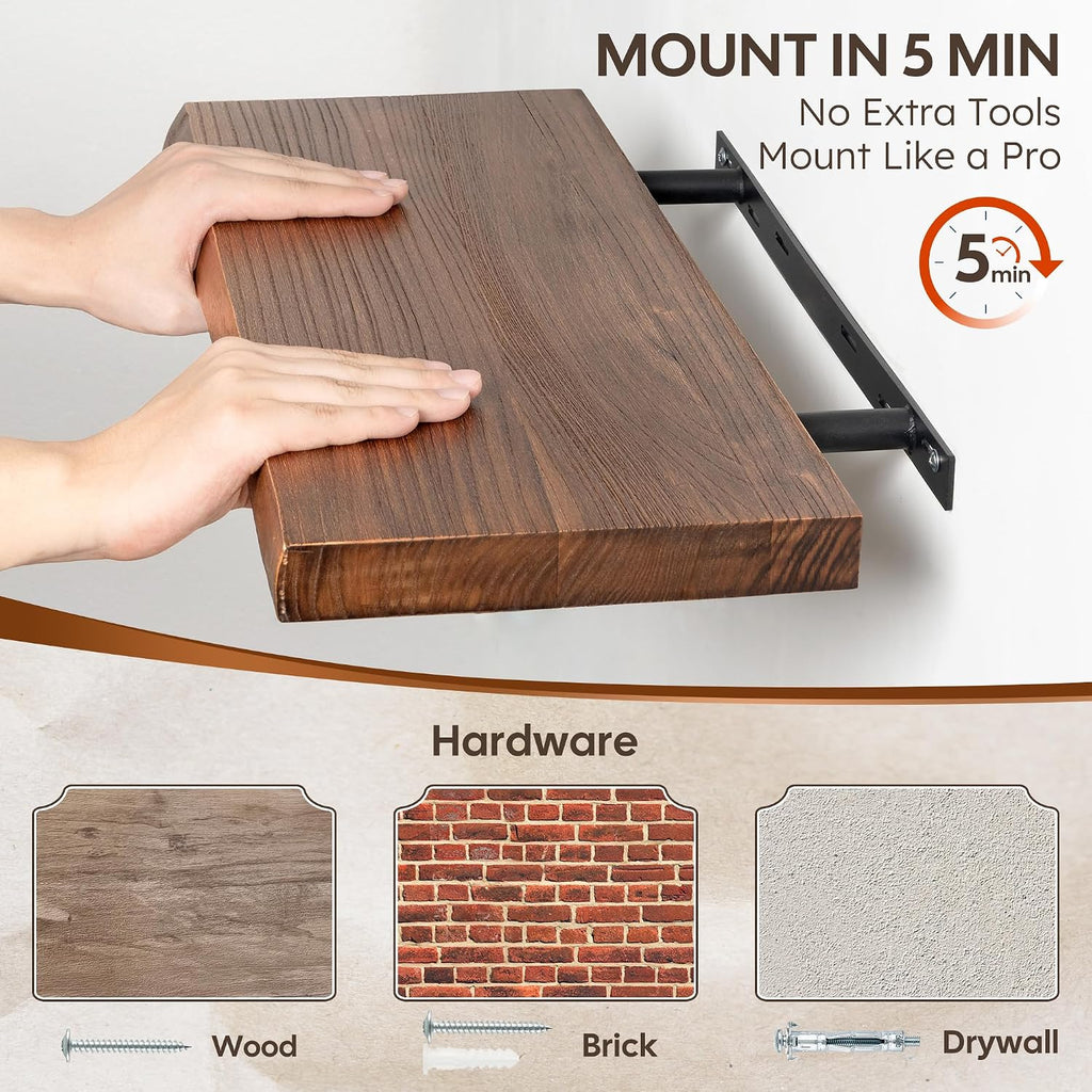 32 Inch Floating Wall Shelves Solid Elm Wood Set of 2 | Vintage Live Edge Wood Grain, Heavy Duty Hidden Brackets