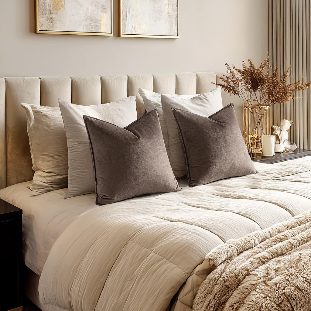 Dark Coffee Velvet Throw Pillow Covers 20x20 Taupe Neutral Soft Decorative Solid Square Cushion Cases Pack of 2