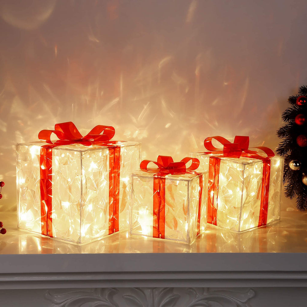 Christmas Lighted Boxes, Set of 3 60 LED Light Up Decor Outdoor, Light Up Christmas Boxes Present Decorations Outdoor