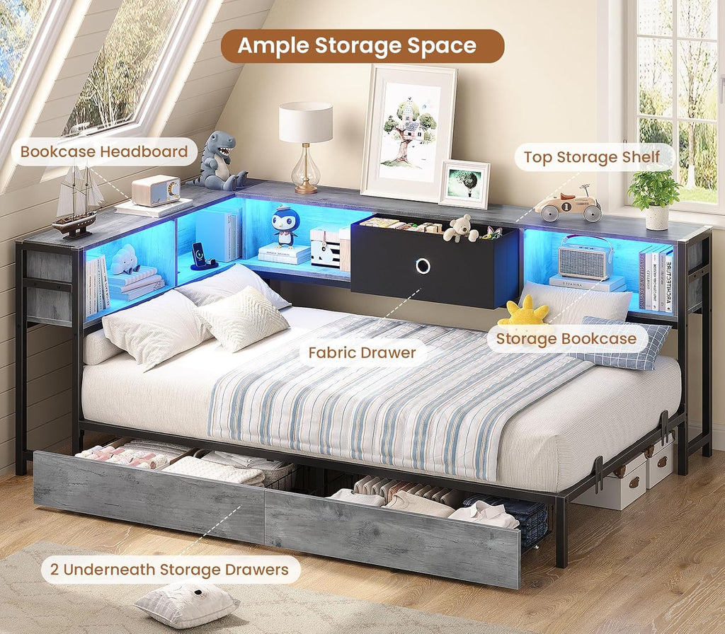 Twin Corner Bed Frame with Storage Drawers and Bookcase Headboard, Twin Size Metal Platform Corner Bed Frame with