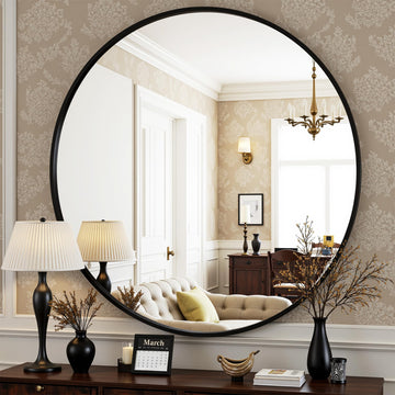 24 Inch Round Mirror for Wall, Round Bathroom Mirror, Circle Wall Mirrors with Black Metal Frame, Circle Mirrors