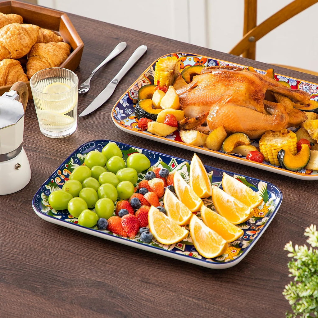 Serving Platters Set of 3, 16"/14"/12" In Rectangular Trays Boho | Ceramic Serving Dish for Entertaining Food