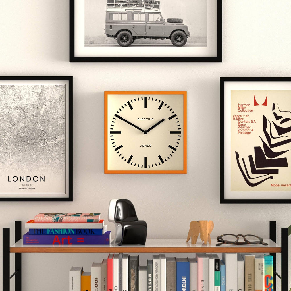 Box railway wall clock | Square station clock | 10" | Orange