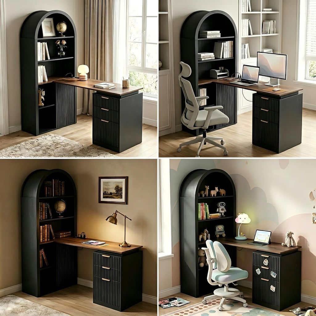 61 Inch L-Shaped Desk with Arched Hutch, Power Outlets, 3 Drawers, File Cabinet & Sliding Door Storage - Black