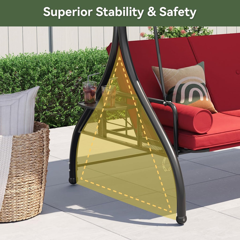 Outdoor Porch Swing with Stand and Canopy, 3 Seats Outdoor Swings for Adults, Convertible 2 in 1 Swing Bed with Cup