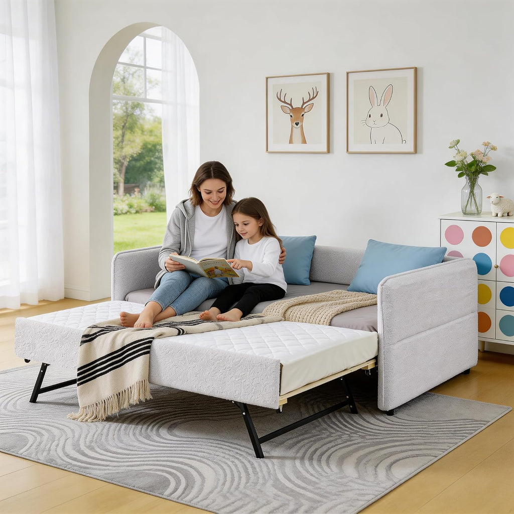 Full Daybed with Pop Up Trundle, Boucle Upholstered Daybed with Trundle, Full to King Expandable Day Bed with Wood