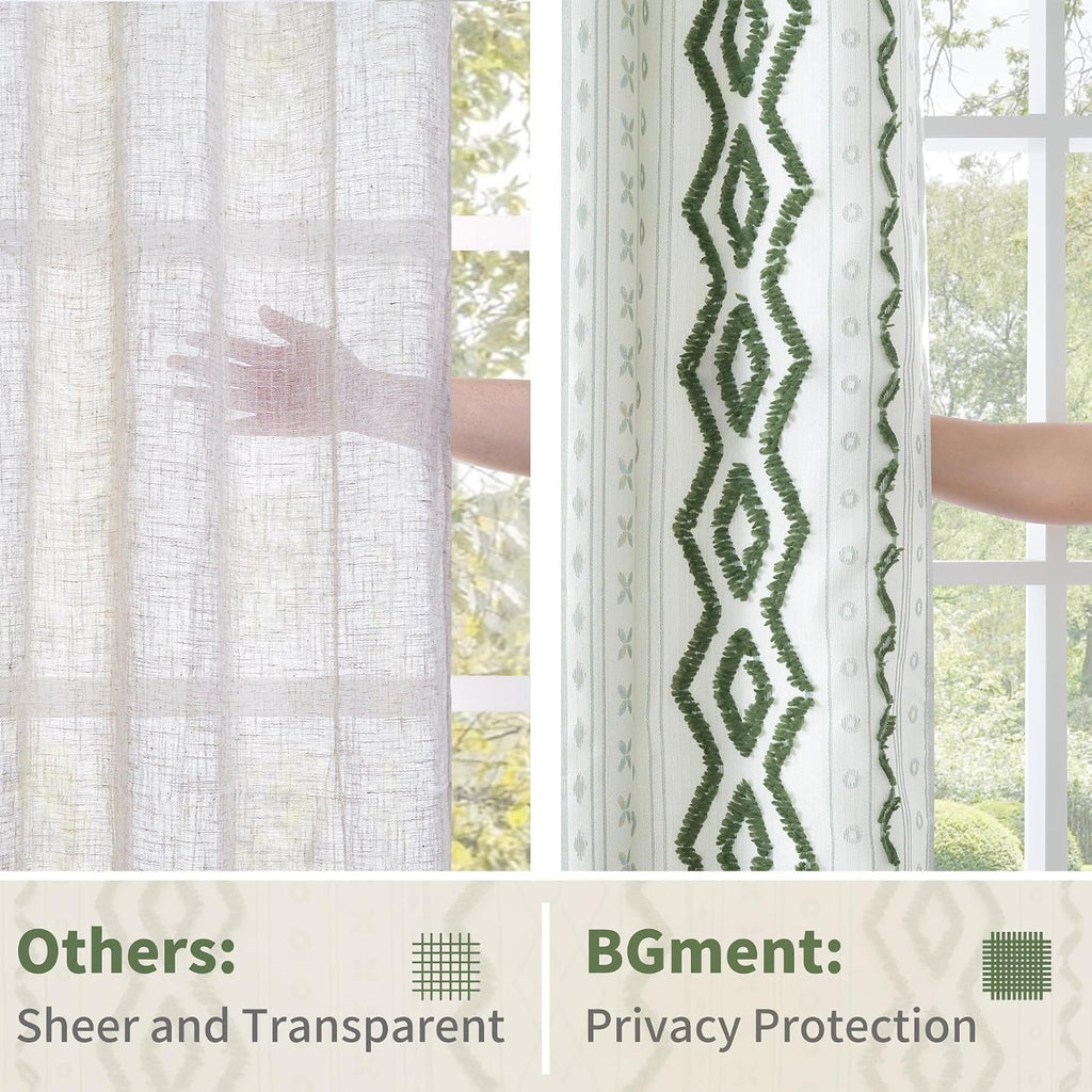 Green Boho Curtains with Tufted Pom Stripe Geometric, Linen Jacquard Pattern Drapes with Grommet for Living Room