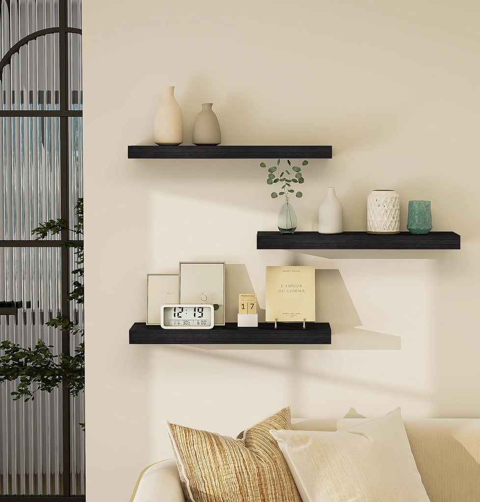 Black Rustic Floating Wall Shelves 24in Set of 3 Hidden | 3 Black Floating Shelves 24in , Rustic Wood Invisible