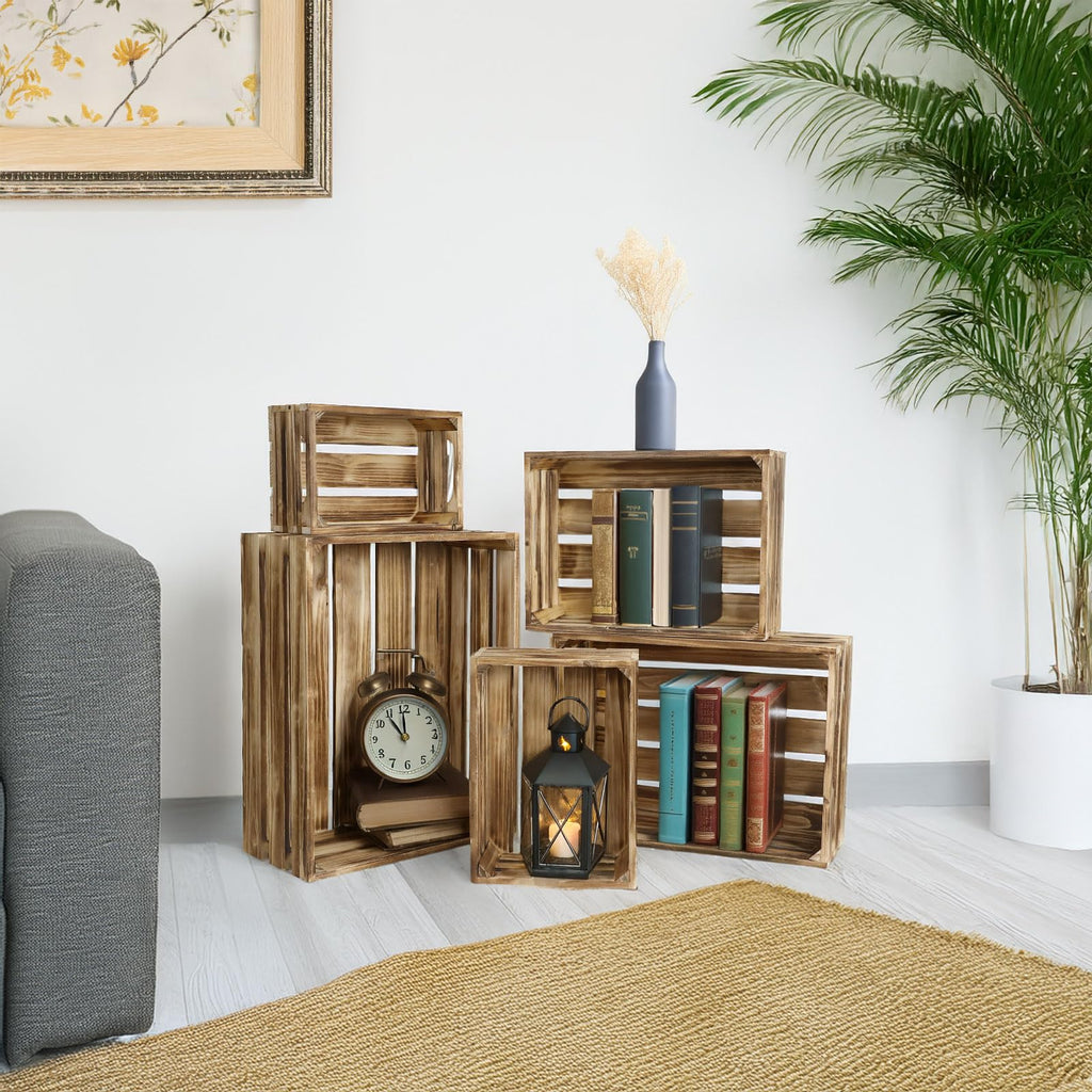 5-Piece Rustic Burnt Brown Wooden Crates Set, Wall Mountable Slatted Storage Crates with Handles, Farmhouse Wooden