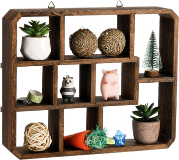 Rustic Shadow Box Display Shelf, 9 Compartments Wood Hanging Display Floating Shelves, Multi-Slot Wall Mounted or