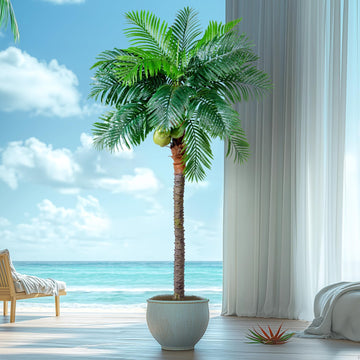 30-Year Factory Faux Coconut Tree - 9.1FT Faux Palm Tree Realistic Thick Trunk & Heavy Duty Leaves, Hand-Carved Bark