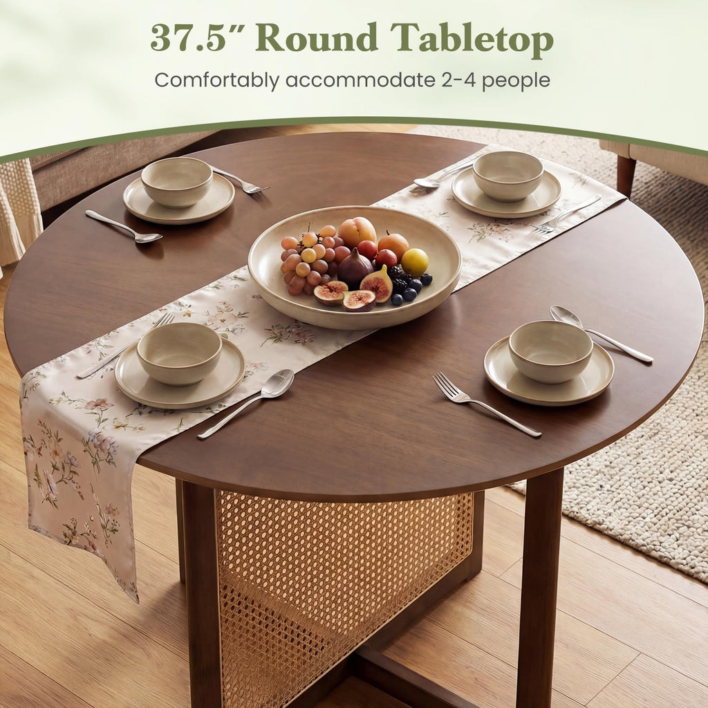 37.5" Round Dining Table for 2-4, Farmhouse Kitchen Table with Solid Rubberwood Pedestal & Rattan Base, Modern Small