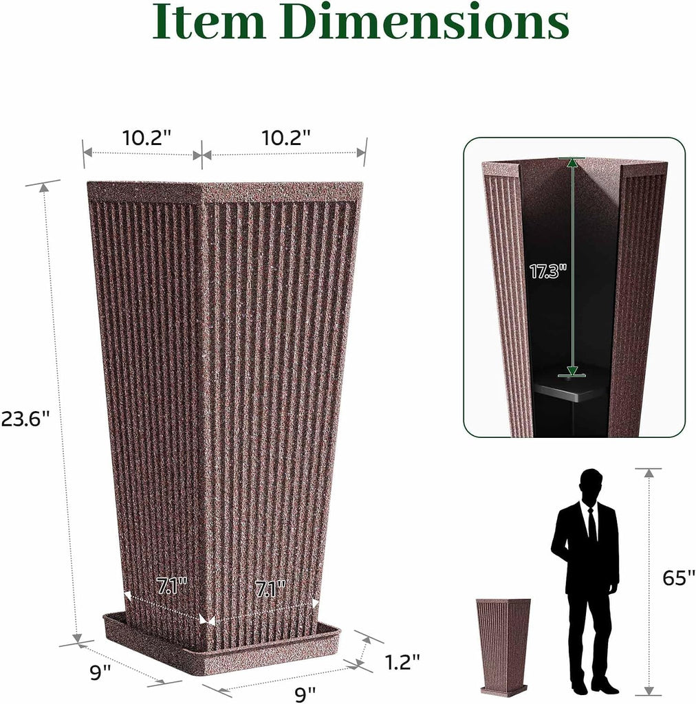 Square Tall Planters for Outdoor Plants with Tray - 24" Brown 2Pack | Weather-Resistant Plastics HDPE, Stone & Fluted