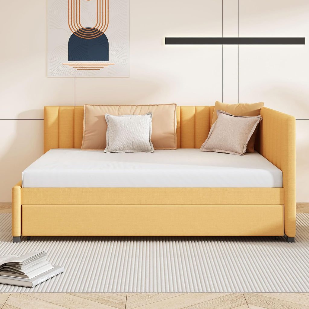Full Size Upholstered Daybed with Trundle, Yellow Linen Sofa Bed Frame Guest Room, No Box Spring Needed