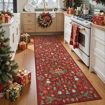 Christmas Runner Rug, Non Slip Washable Long Kitchen Carpet Runner, Low Pile Soft Xmas Reindeer Runner